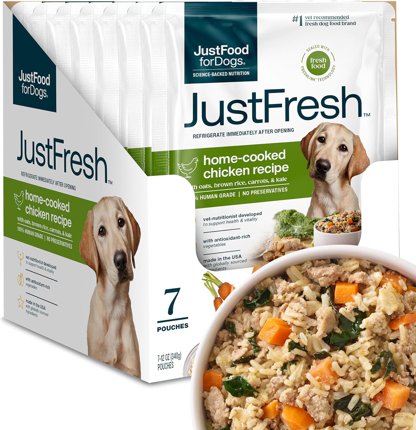 JustFoodForDogs JustFresh Wet Dog Food, Fresh Pet Meals and Toppers with No Preservatives, Resealable Package, Human Grade, Home-Cooked Chicken, 12 oz - 7 Pack