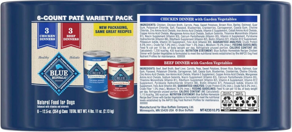 Blue Buffalo Homestyle Recipe Adult Wet Dog Food, Made with Natural Ingredients, Chicken and Beef Dinner Variety Pack, 12.5-oz Cans (6 Count, 3 of each)