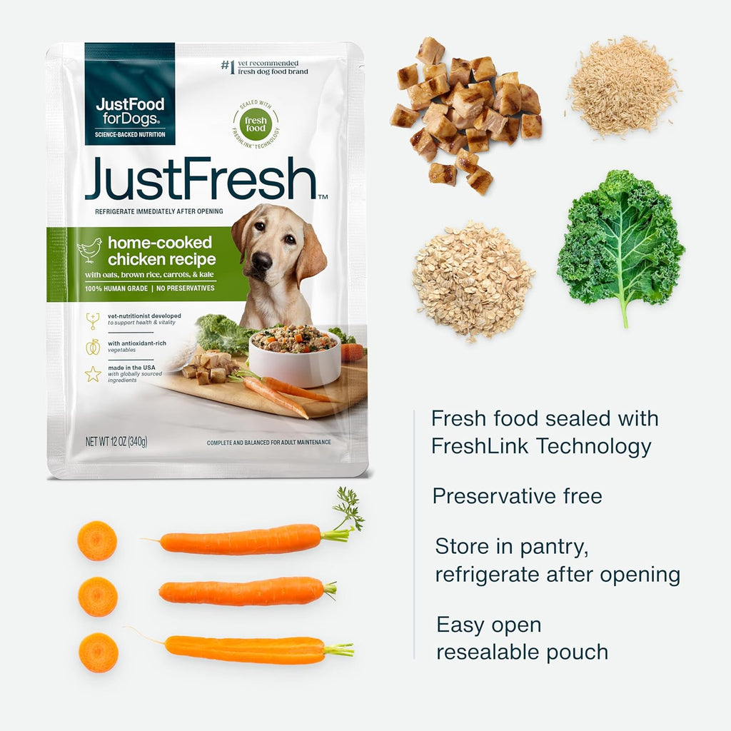 JustFoodForDogs JustFresh Wet Dog Food, Fresh Pet Meals and Toppers with No Preservatives, Resealable Package, Human Grade, Home-Cooked Chicken, 12 oz - 7 Pack