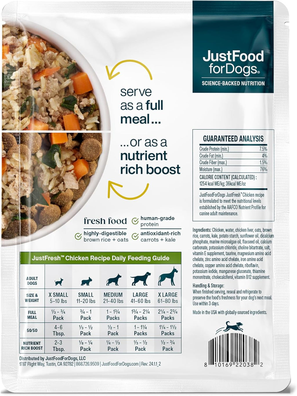 JustFoodForDogs JustFresh Wet Dog Food, Fresh Pet Meals and Toppers with No Preservatives, Resealable Package, Human Grade, Home-Cooked Chicken, 12 oz - 7 Pack