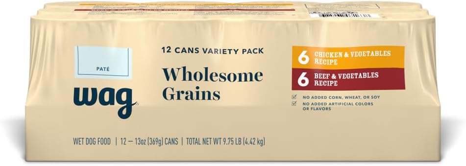 Amazon Brand - Wag Wholesome Grains Canned Wet Dog Food, Variety Pack (Chicken & Vegetables Paté and Beef & Vegetables Paté), Adult Recipe, 13 Ounce (Pack of 12)